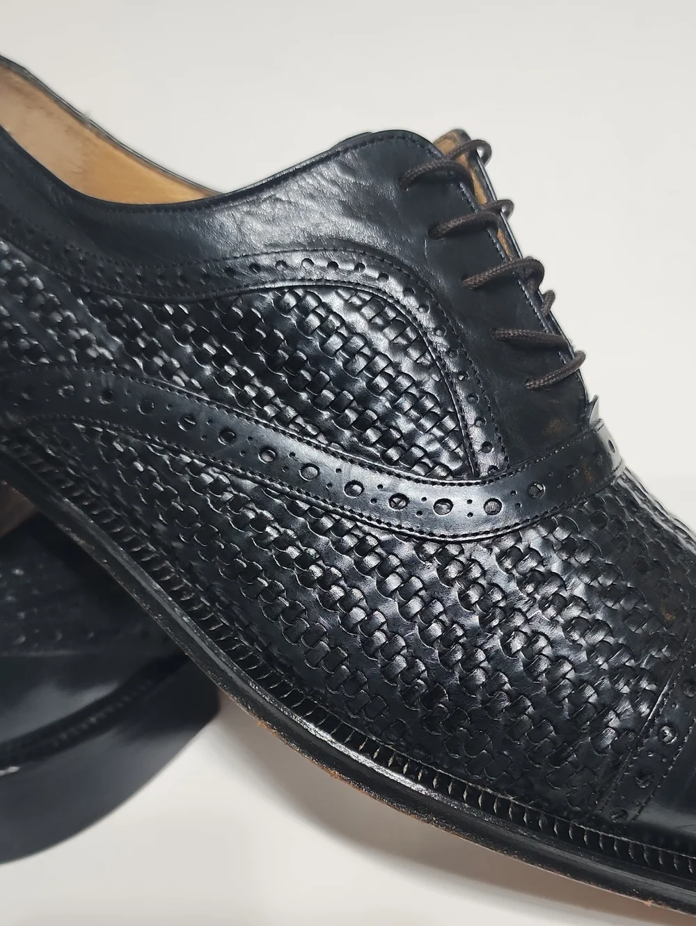 Mezlan Woven Leather Dubai Black Cap Toe Oxfords Size 9.5 Made In Spain